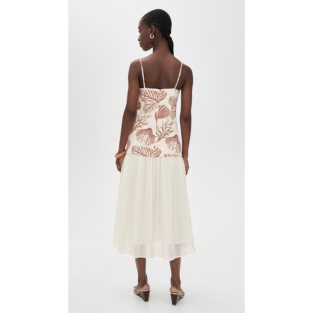 Moon River Green Shell Coral Print Drop Waist Midi Dress Cream Gauze Skirt Small - Picture 4 of 4